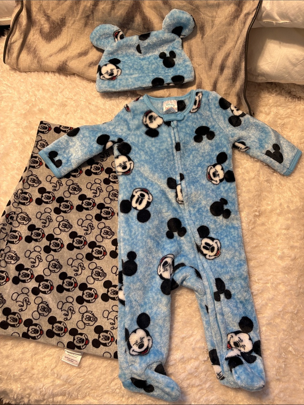 Disney baby Plush Blue Mickey Mouse Soft One-Piece with Hat and Blanket 3/6M